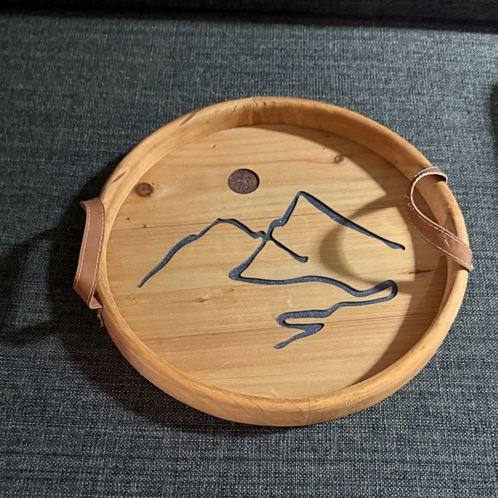 Round Wooden Tray with Mountain Design